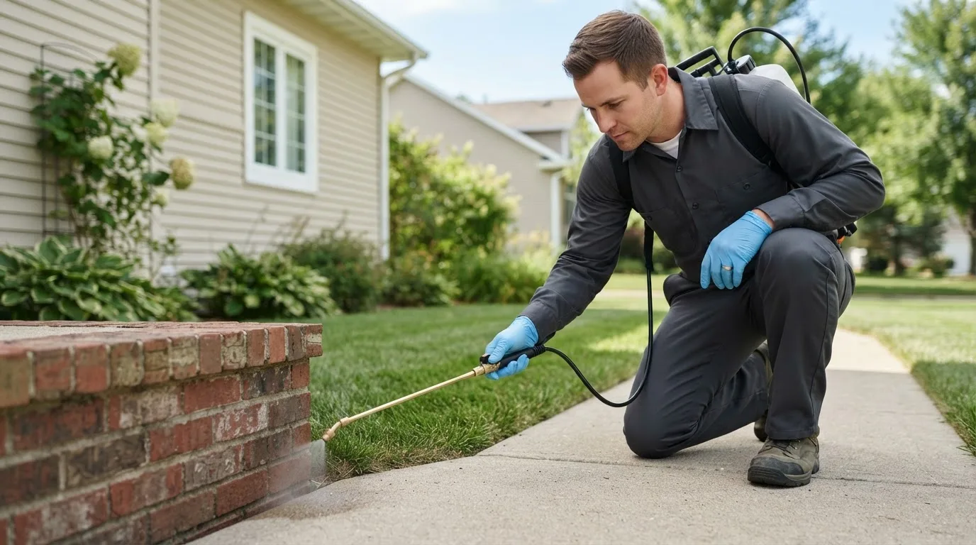 Pest control technician treating a home near Farina, IL