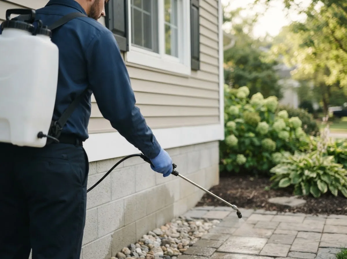 Pest control technician inspecting a home in Farina, IL